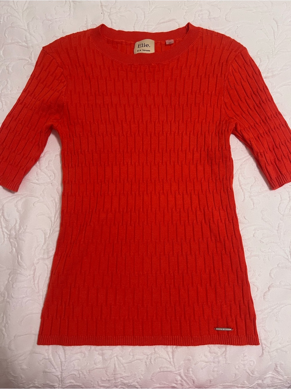 Elie Tahari Bright Red/Orange Cable Knit Short Sleeve Sweater size S, preppy
